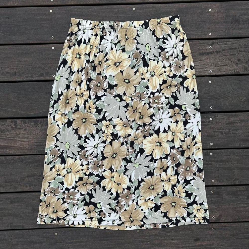 Vintage Black/Yellow N Touch Floral Midi Skirt Daisies w/ Elastic Waist